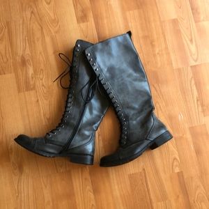 Grey knee high boots